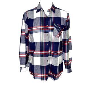 Pink Rose Blue Plaid Button Down Long Sleeve Flannel Blouse Top